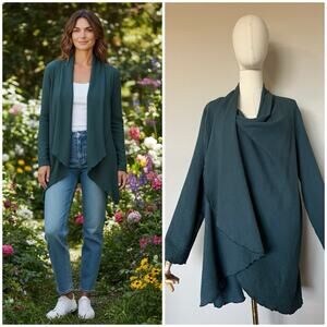 FOCUS Casual Life Size Large Green Cotton Waffle Textured Wrap Cardigan Draped